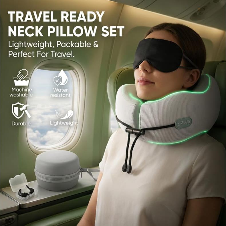 CHOOKLY travel neck pillow set used on an airplane, featuring ergonomic memory foam neck support, sleep eye mask, and compact carrying case for comfortable flights and long travel journeys