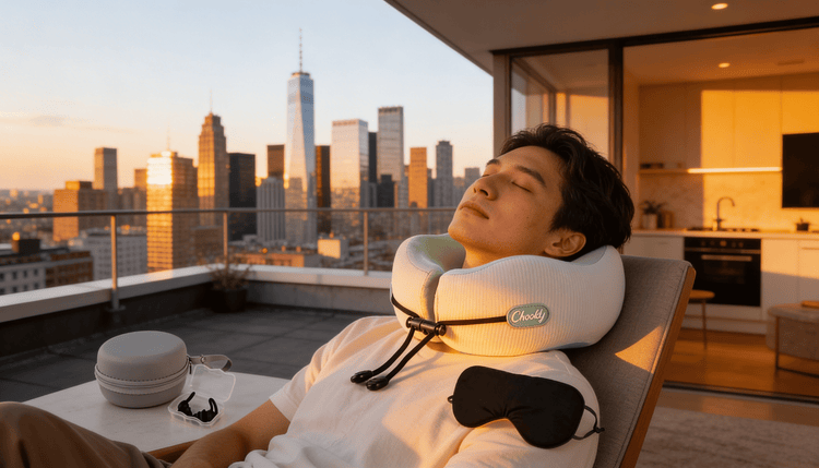 CHOOKLY ergonomic travel neck pillow worn by a man relaxing outdoors with sleep mask and travel accessories, designed for comfortable neck support during flights and travel