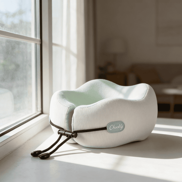 CHOOKLY ergonomic memory foam travel neck pillow placed on a sunlit windowsill, premium airplane travel pillow designed for neck support and comfortable sleep during travel