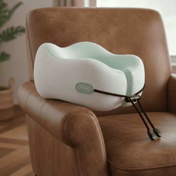 CHOOKLY ergonomic memory foam travel neck pillow placed on a leather chair indoors, premium travel pillow designed for comfortable neck support and restful sleep during travel