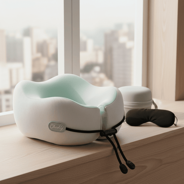 CHOOKLY memory foam travel neck pillow with sleep mask and carry case placed on a windowsill with city view, premium travel sleep accessory for flights and long journeys