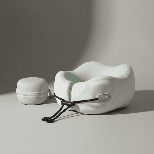 CHOOKLY ergonomic memory foam travel neck pillow with portable carrying case, premium mint green and white neck support pillow designed for comfortable flights and long travel journeys