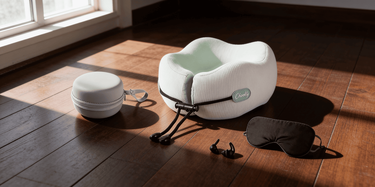 CHOOKLY memory foam travel neck pillow set with carry case, sleep mask and earplugs placed on a wooden floor, premium travel sleep accessory for flights and long journeys