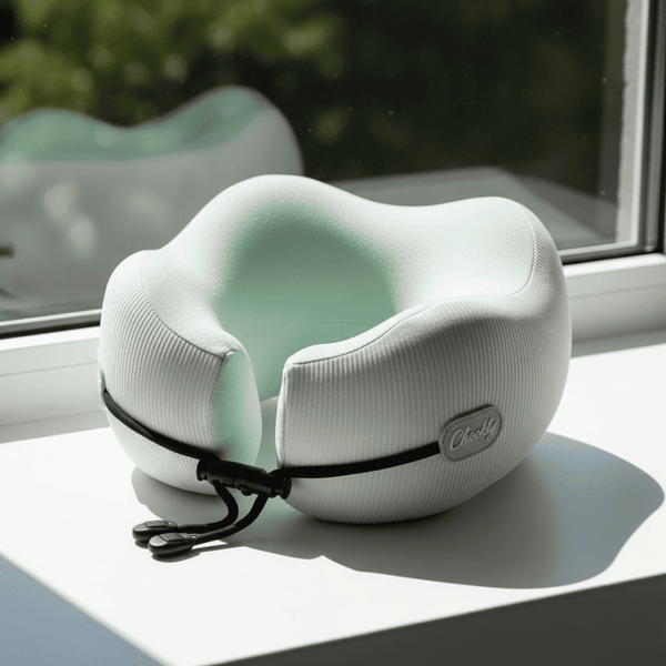 CHOOKLY ergonomic memory foam travel neck pillow in mint green and white placed near a window, premium portable neck support pillow for comfortable flights and long travel