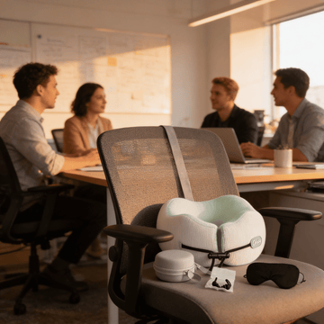 CHOOKLY ergonomic memory foam travel neck pillow with eye mask and carrying case placed on an office chair while a team discusses ideas in a modern workspace, highlighting comfort and travel convenience