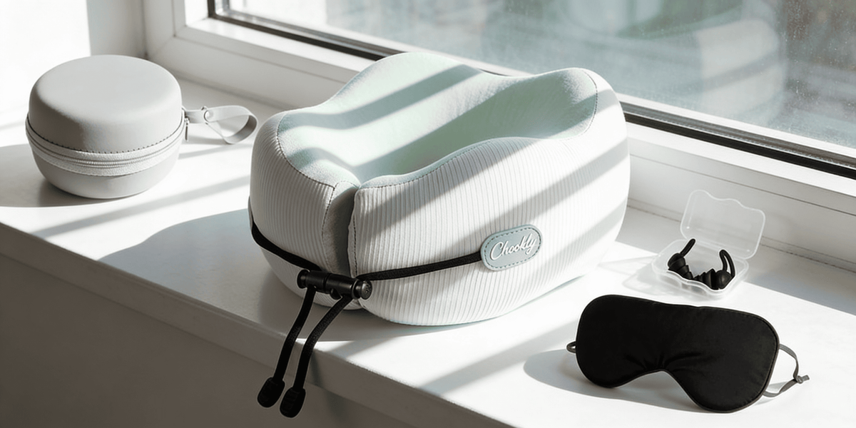 CHOOKLY memory foam travel neck pillow set with carry case, sleep mask and earplugs placed on a sunlit windowsill, premium travel sleep accessory for flights and long journeys