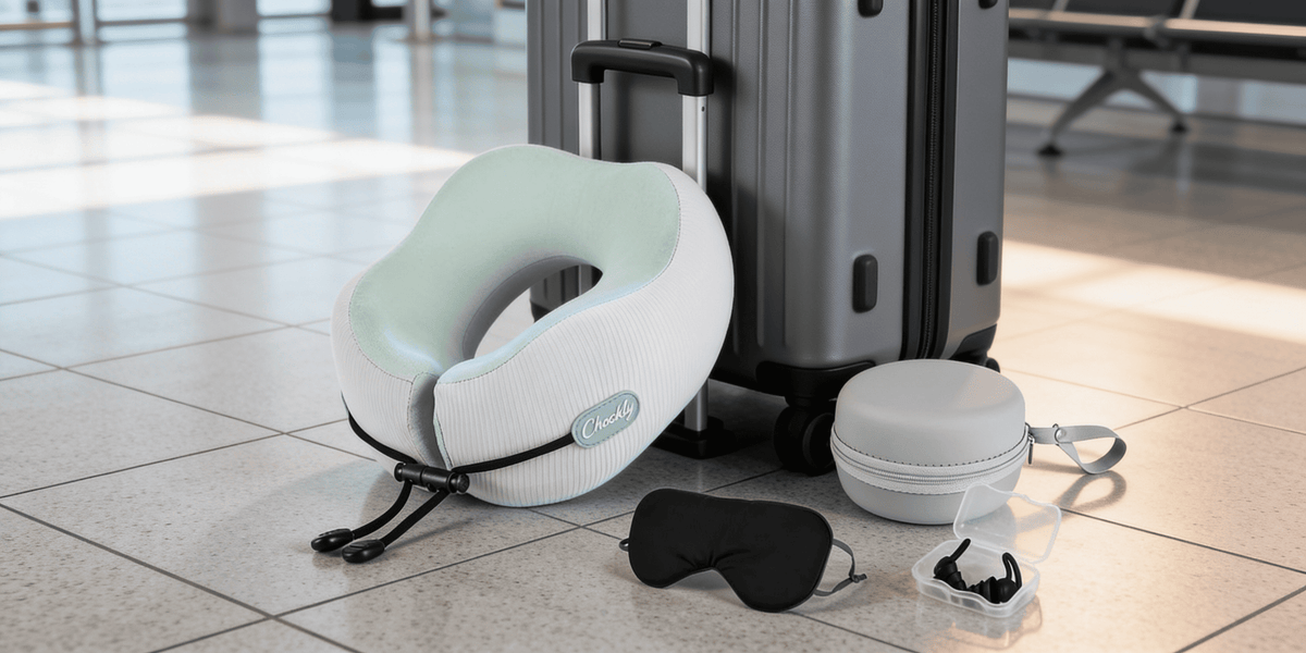 CHOOKLY memory foam travel neck pillow set with carry case, sleep mask and earplugs placed next to a suitcase at an airport, premium travel sleep accessory for flights