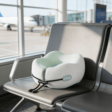 CHOOKLY ergonomic memory foam travel neck pillow on an airport waiting seat with airplane visible outside, premium travel pillow designed for comfortable neck support during flights