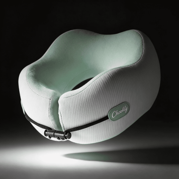 CHOOKLY ergonomic memory foam travel neck pillow in mint green and white, premium airplane travel pillow designed for neck support and comfortable sleep during long journeys