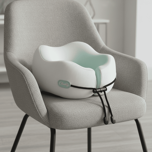 CHOOKLY ergonomic memory foam travel neck pillow placed on a modern chair, premium travel pillow designed for comfortable neck support during flights and travel