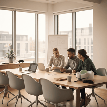 Team discussing CHOOKLY ergonomic memory foam travel neck pillow in a modern office meeting, reviewing product design for comfortable neck support during travel and flights